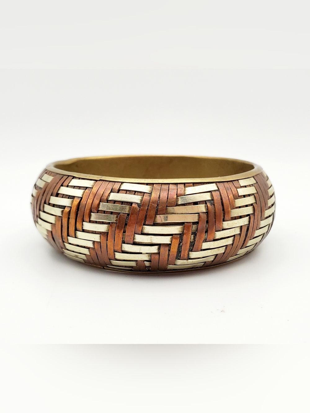 Mid-Century Modern Mixed Metals Wide Bangle Bracelet Copper Brass Basketweave 8"